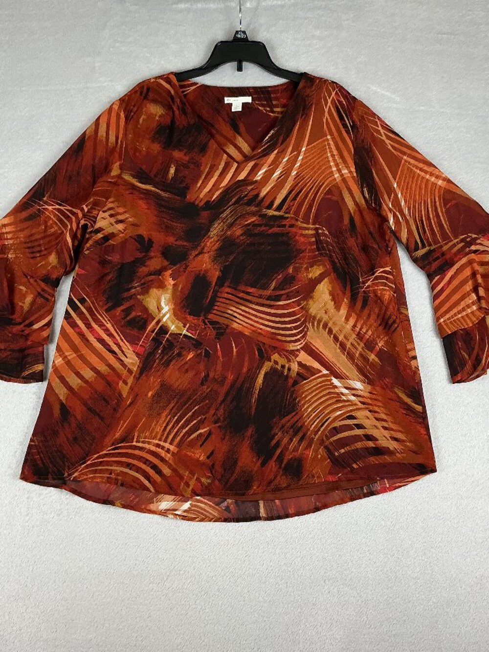 Cato Est.1946 Women's Top Blouse Size L Bell Sleeve V-Neck Palm Leaf Pattern